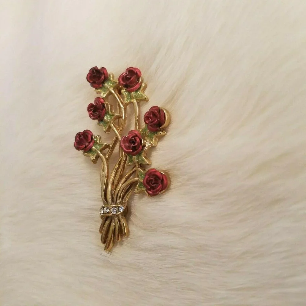 Vintage English Roses Brooch‎ Rhinestone Glitter Enamel Long Stem Floral 2509